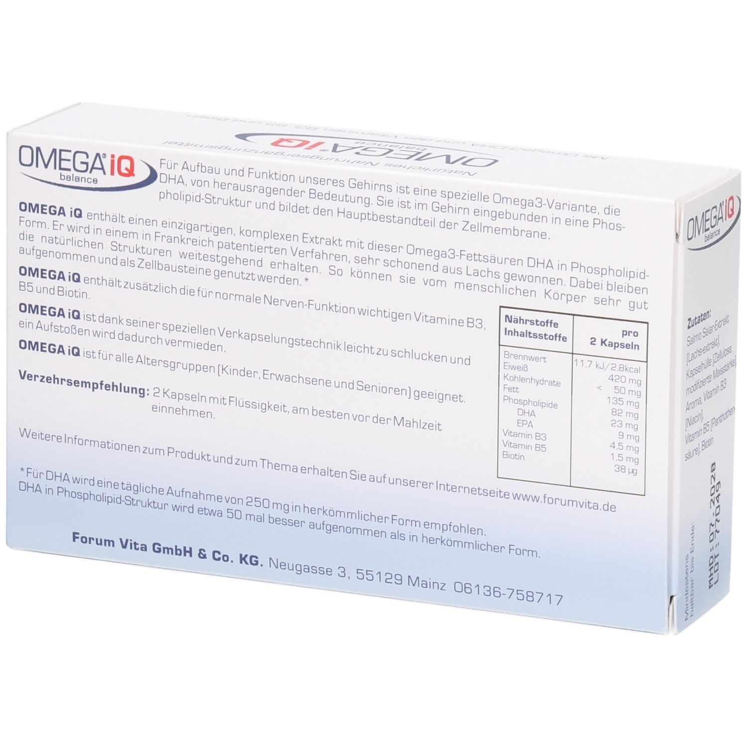 Rückseite OMEGA IQ balance: Informationen zu Omega-3-DHA, Vitaminen B3, B5, Biotin. Nährwerttabelle und Verzehrempfehlung.