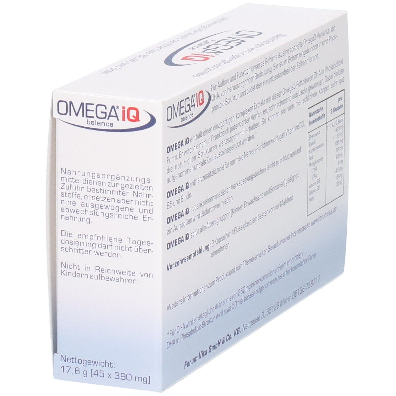 Seite OMEGA IQ balance: Hinweise zur Anwendung, Dosierung und Lagerung. Netto-Gewicht 17,6g (45x390mg).