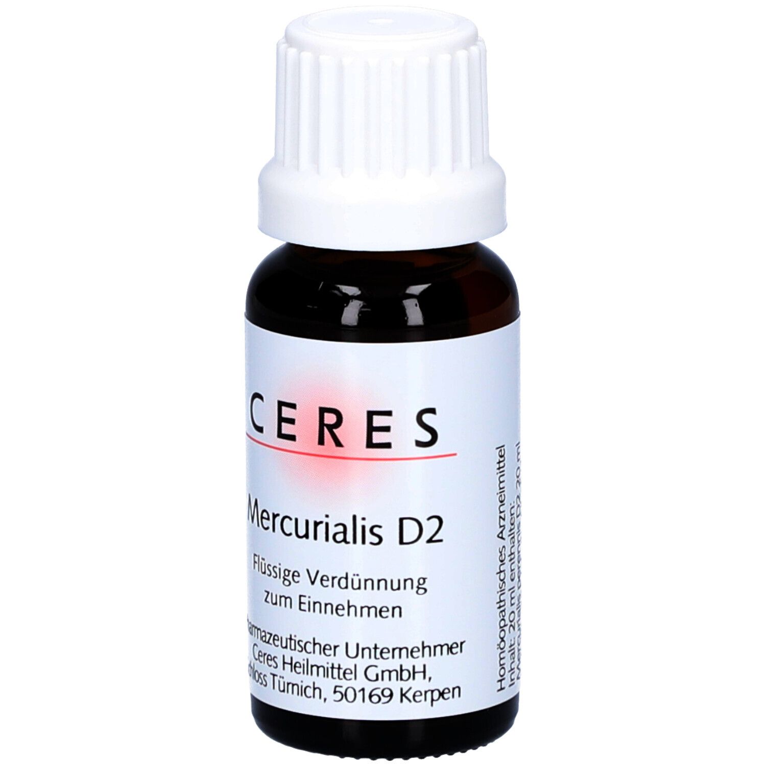 Braune Glasflasche mit weißem Schraubverschluss. Etikett mit CERES, Mercurialis D2 und weiteren Informationen.