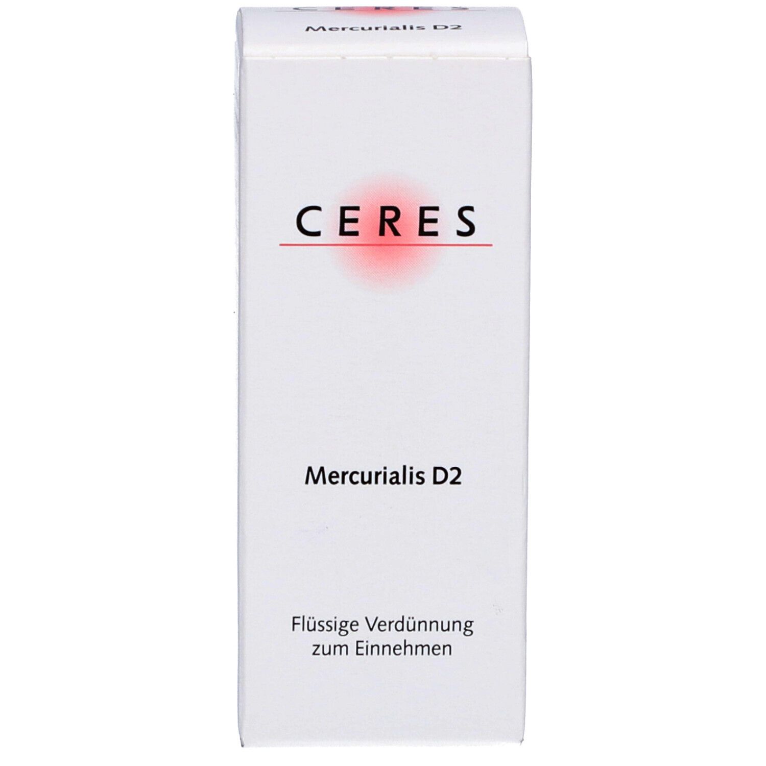 Weiße Verpackung mit CERES und Mercurialis D2. Text: Flüssige Verdünnung zum Einnehmen.