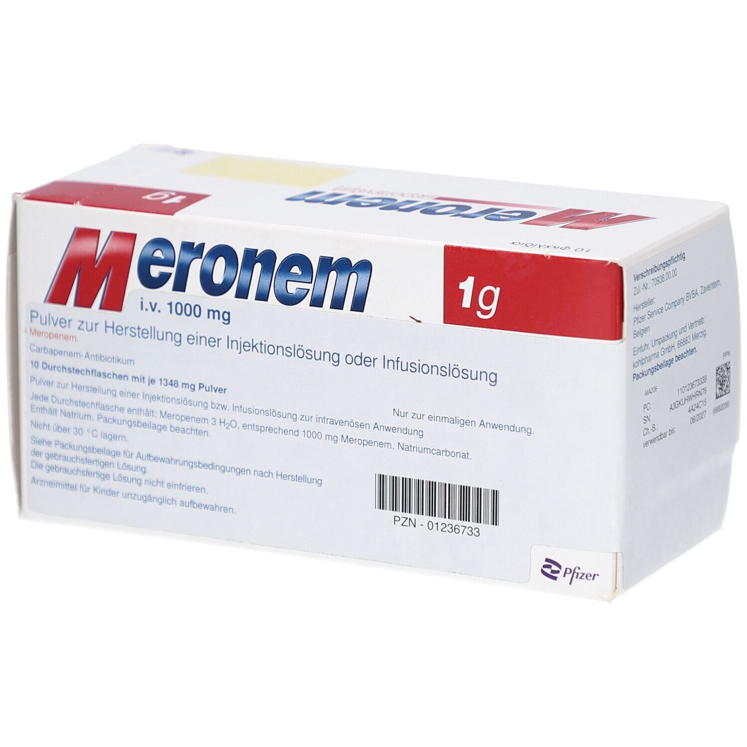 Schachtel Meronem 1 g. Aufschrift i.v. 1000 mg. 10 Durchstechflaschen. Pfizer Logo.