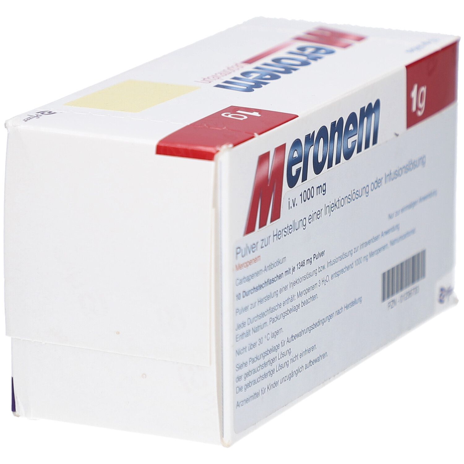 Schachtel Meronem 1 g. Aufschrift i.v. 1000 mg. Pfizer Logo.