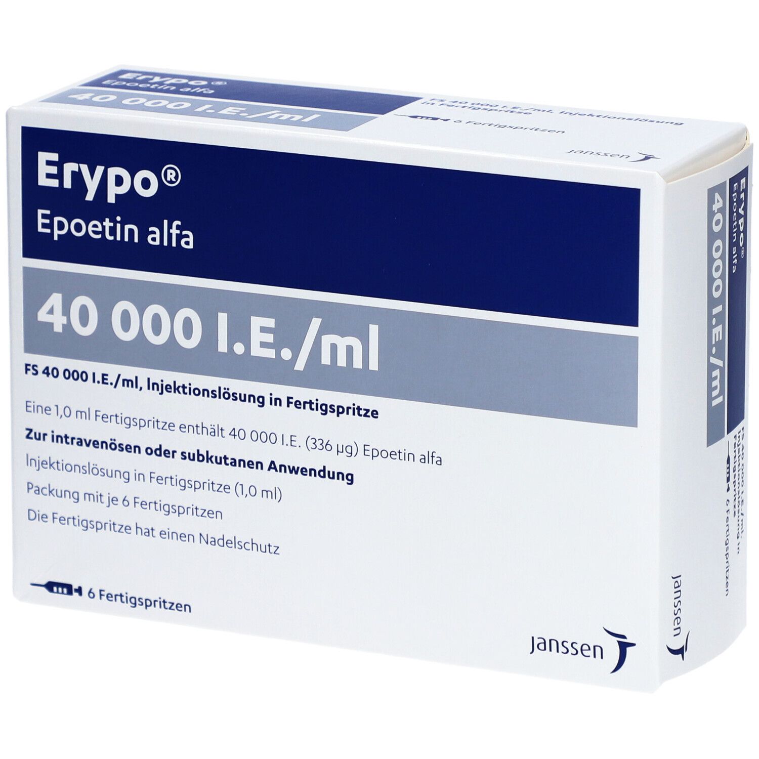 Schachtel mit Erypo Epoetin alfa. Aufschrift: 40 000 I.E./ml. Enthält 6 Fertigspritzen. Janssen Logo.