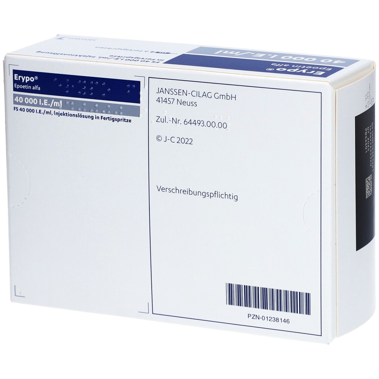 Rückseite der Erypo-Schachtel. Aufschrift: 40 000 I.E./ml. Hersteller: Janssen-Cilag GmbH. Verschreibungspflichtig.