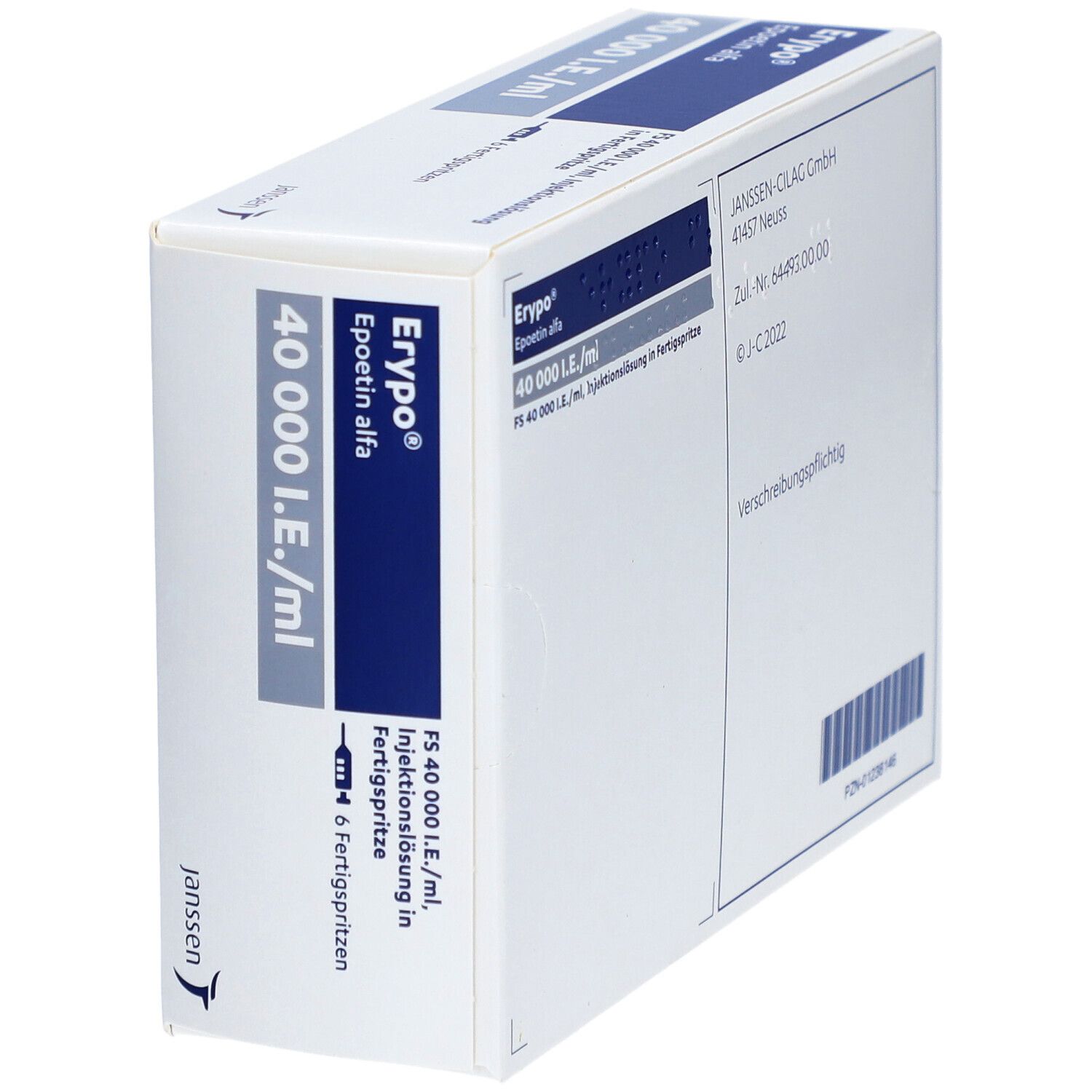 Erypo Epoetin alfa Schachtel, 40 000 I.E./ml. Hersteller: Janssen-Cilag GmbH. Aufschrift: 6 Fertigspritzen.