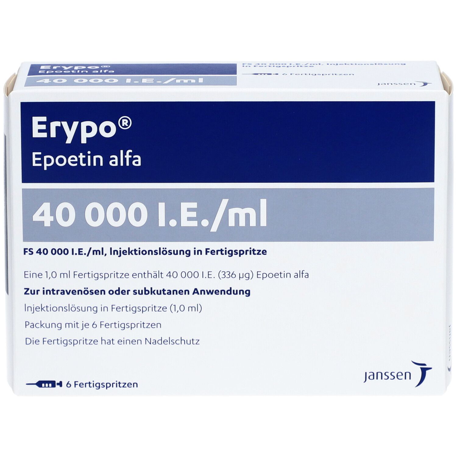 Schachtel Erypo Epoetin alfa, 40 000 I.E./ml. Enthält 6 Fertigspritzen. Janssen Logo. Produktinformationen.