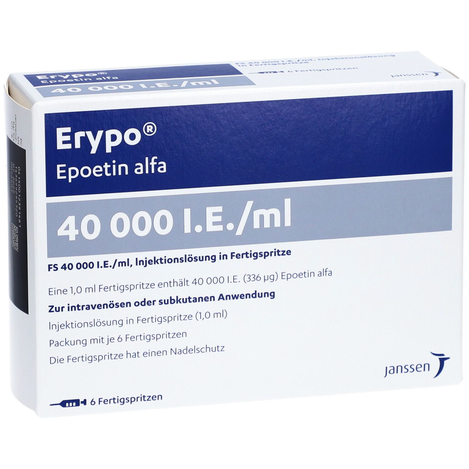 Erypo Epoetin alfa Schachtel, 40 000 I.E./ml. Enthält 6 Fertigspritzen. Janssen Logo. Produktinformationen.