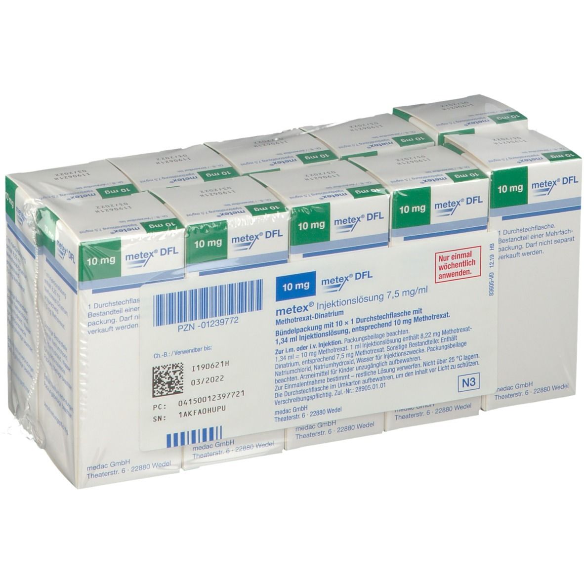 Verpackung mit mehreren Kartons Metex Injektionslösung 10 mg. Sichtbar: Produktname, Dosierung, Verpackungsinformationen.