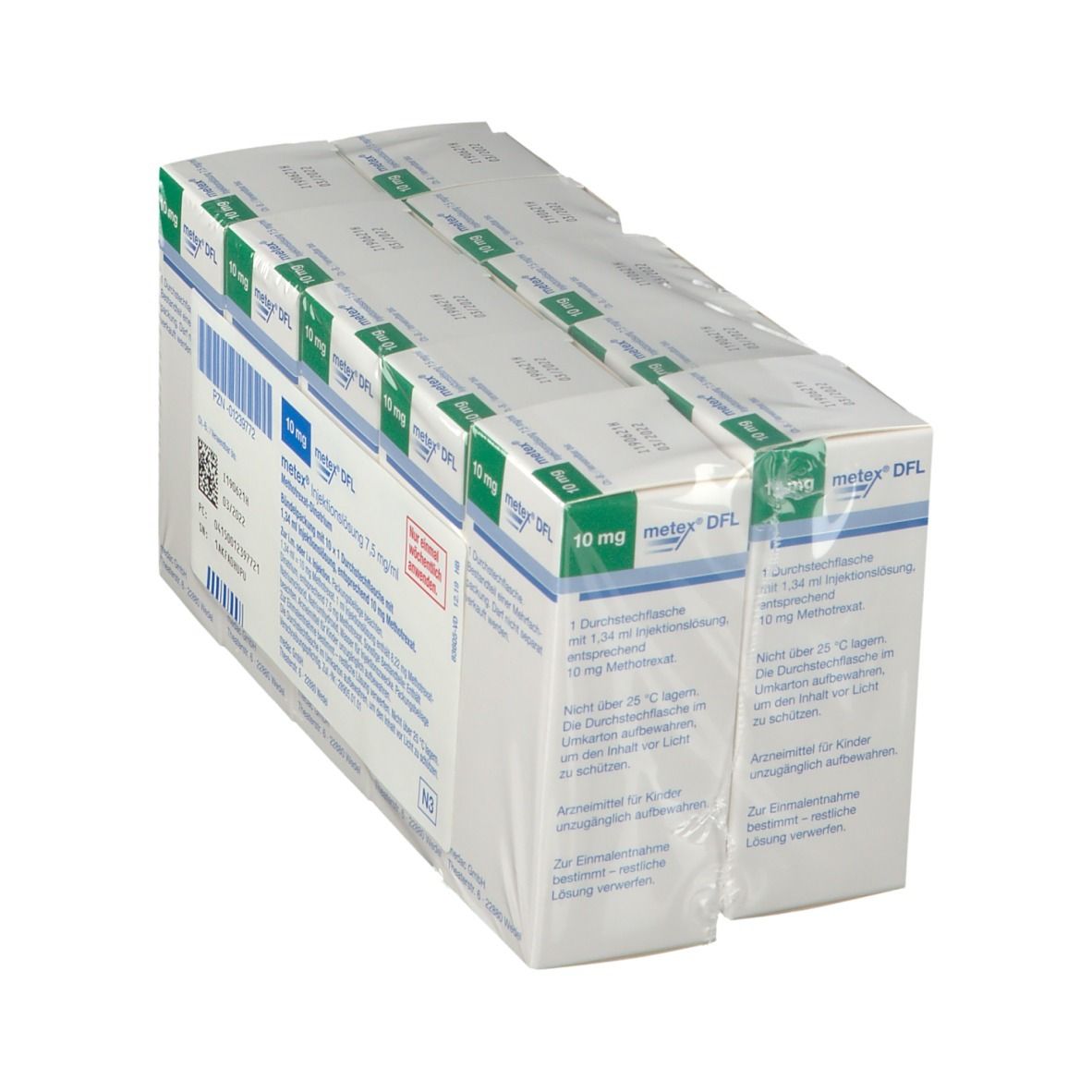 Mehrere Packungen Metex Injektionslösung 10 mg in Folie verpackt. Sichtbar: Produktname, Dosierung, Verpackungsinformationen.