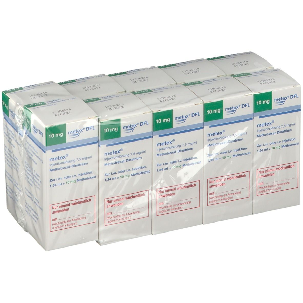Mehrere Packungen Metex Injektionslösung 10 mg in Folie verpackt. Sichtbar: Produktname, Dosierung, Verpackungsinformationen.