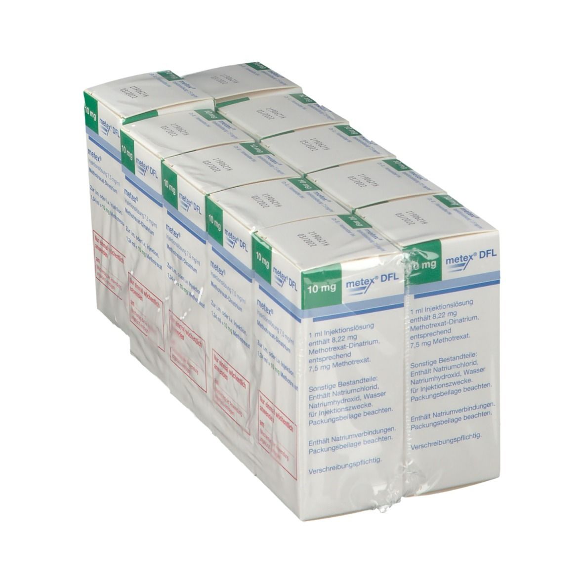 Mehrere Packungen Metex Injektionslösung 10 mg in Folie verpackt. Sichtbar: Produktname, Dosierung, Verpackungsinformationen.