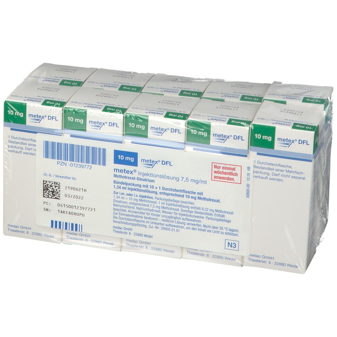 Mehrere Packungen Metex Injektionslösung 10 mg in Folie verpackt. Sichtbar: Produktname, Dosierung, Verpackungsinformationen.