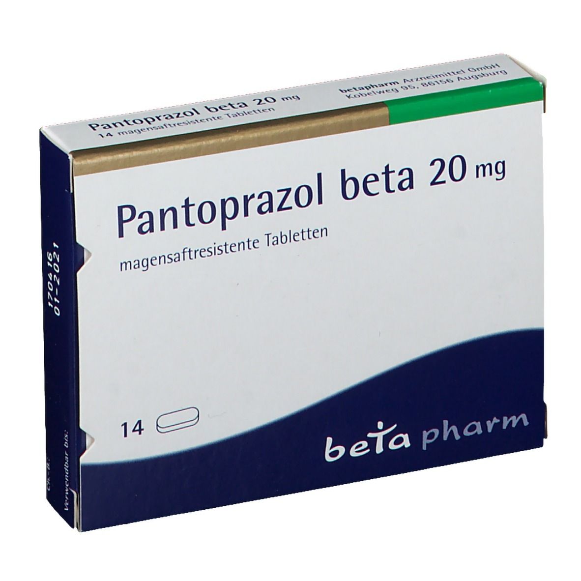 Schachtel Pantoprazol beta 20 mg, 14 magensaftresistente Tabletten. Weiß, blau und goldfarben. beta pharm Logo.