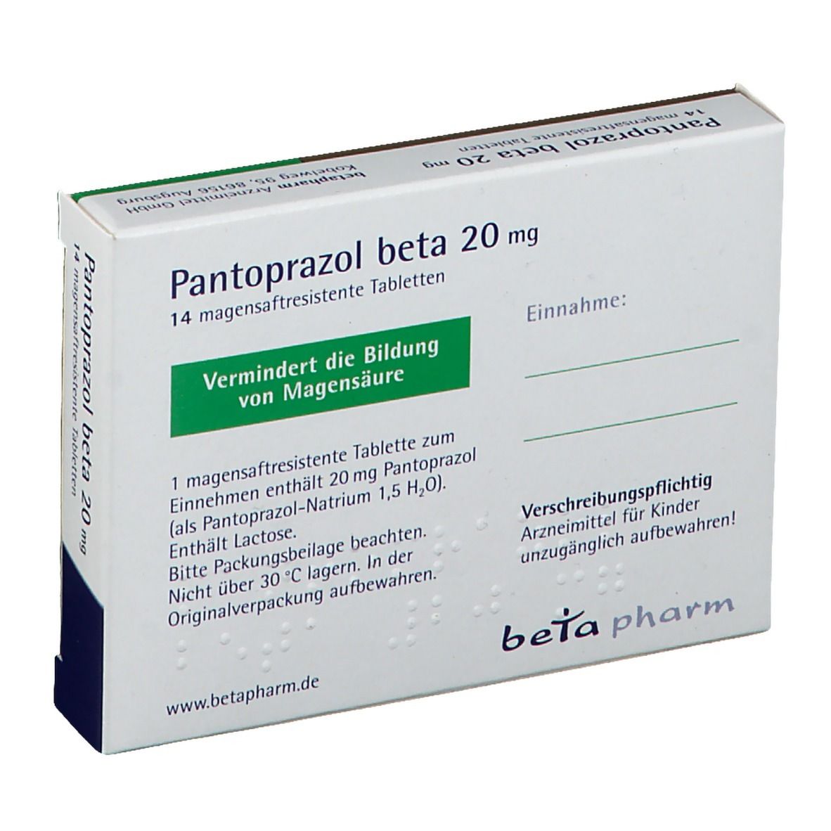 Schachtel Pantoprazol beta 20 mg. Text: 'Vermindert die Bildung von Magensäure'. Enthält 14 Tabletten. beta pharm Logo.