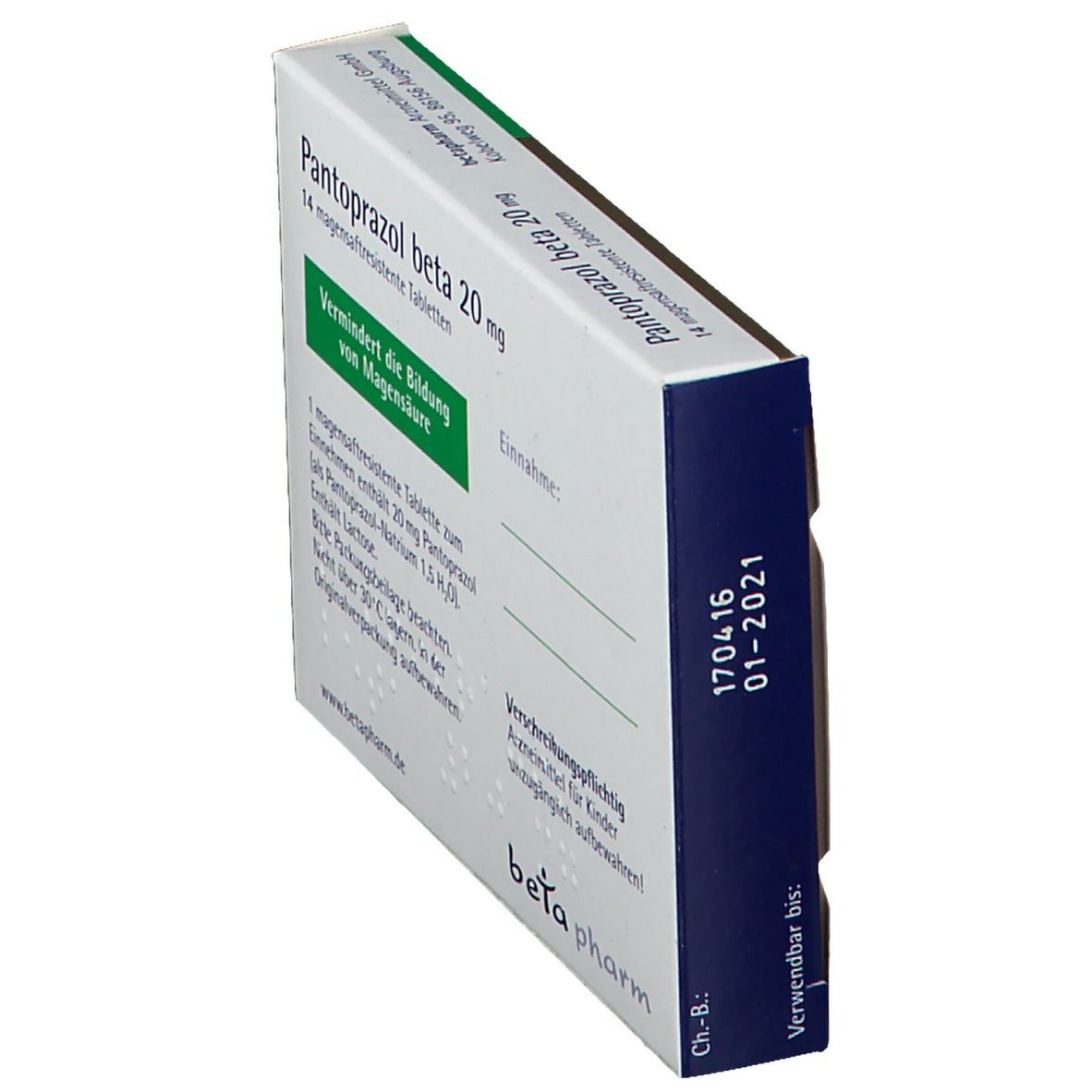 Schachtel Pantoprazol beta 20 mg, Seitenansicht. Text und Logo beta pharm. Datumsangabe 01-2021.