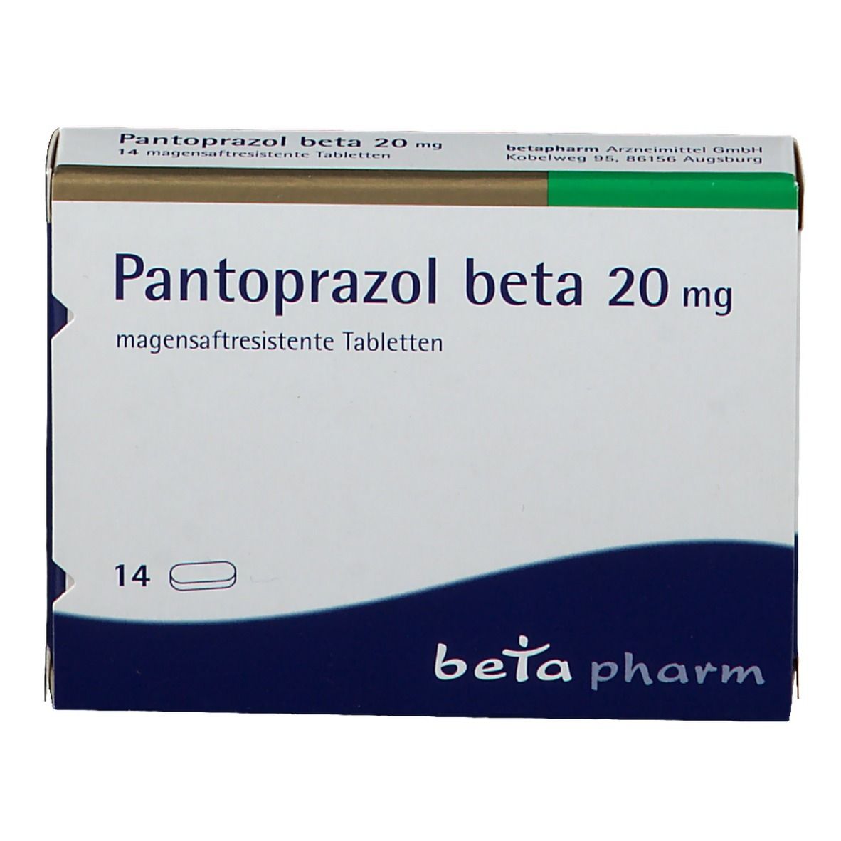 Schachtel Pantoprazol beta 20 mg, 14 magensaftresistente Tabletten. Weiß, blau und goldfarben. beta pharm Logo.