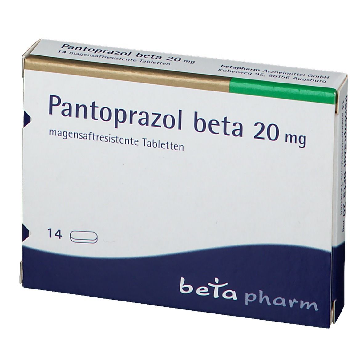 Schachtel Pantoprazol beta 20 mg, 14 Tabletten. Weiß, blau und goldfarben. beta pharm Logo. Schrägansicht.