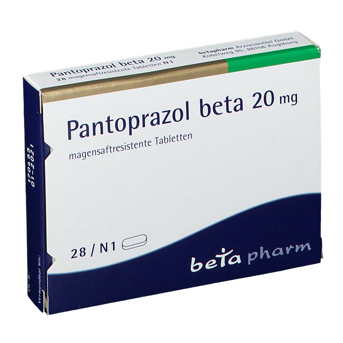 Schachtel mit Pantoprazol beta 20 mg Tabletten. Weiß, blau und grün. Schriftzug: beta pharm.