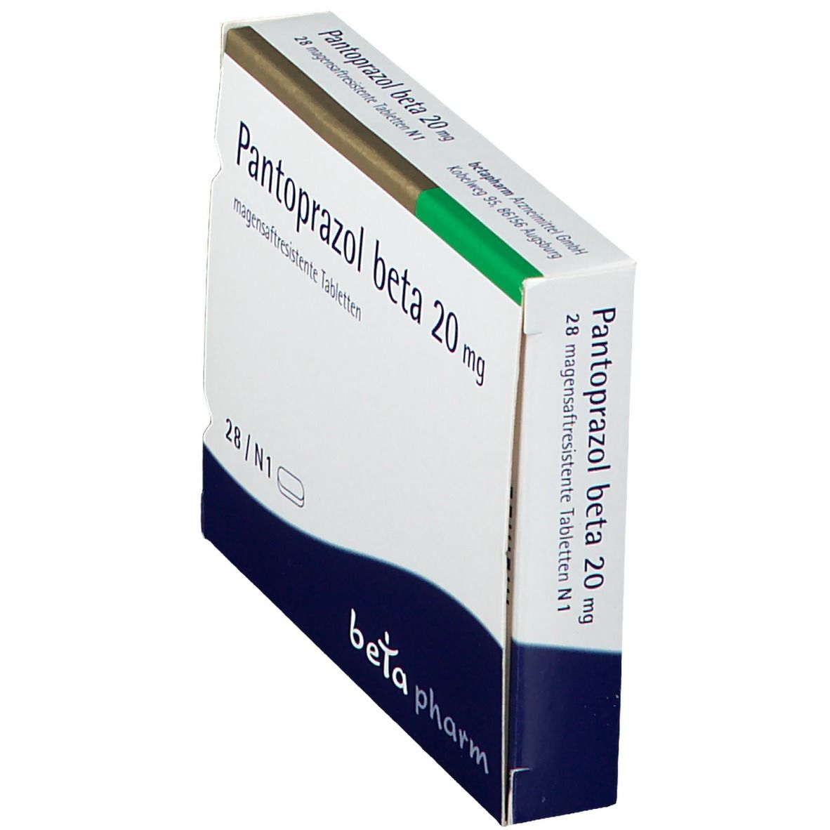Schachtel Pantoprazol beta 20 mg. Seitenansicht. Weiß, blau und grün. Schriftzug: beta pharm.