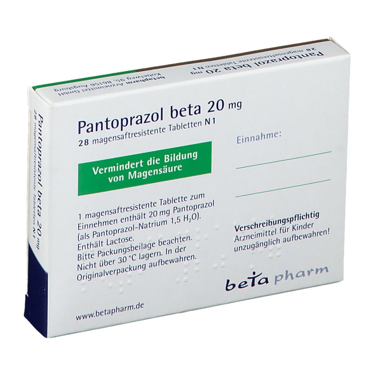 Rückseite der Schachtel Pantoprazol beta 20 mg. Weiß, grün. Schriftzug: beta pharm.