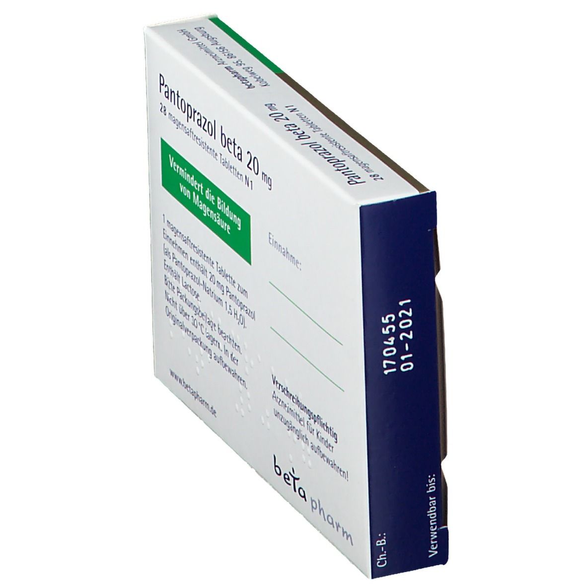 Seitenansicht der Schachtel Pantoprazol beta 20 mg. Weiß, blau, grün. Schriftzug: beta pharm.
