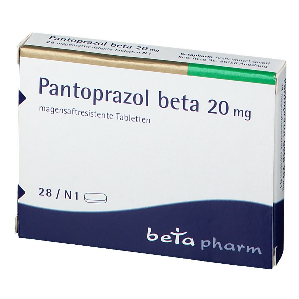 Schachtel mit Pantoprazol beta 20 mg Tabletten. Weiß, blau und gold. Schriftzug: beta pharm.
