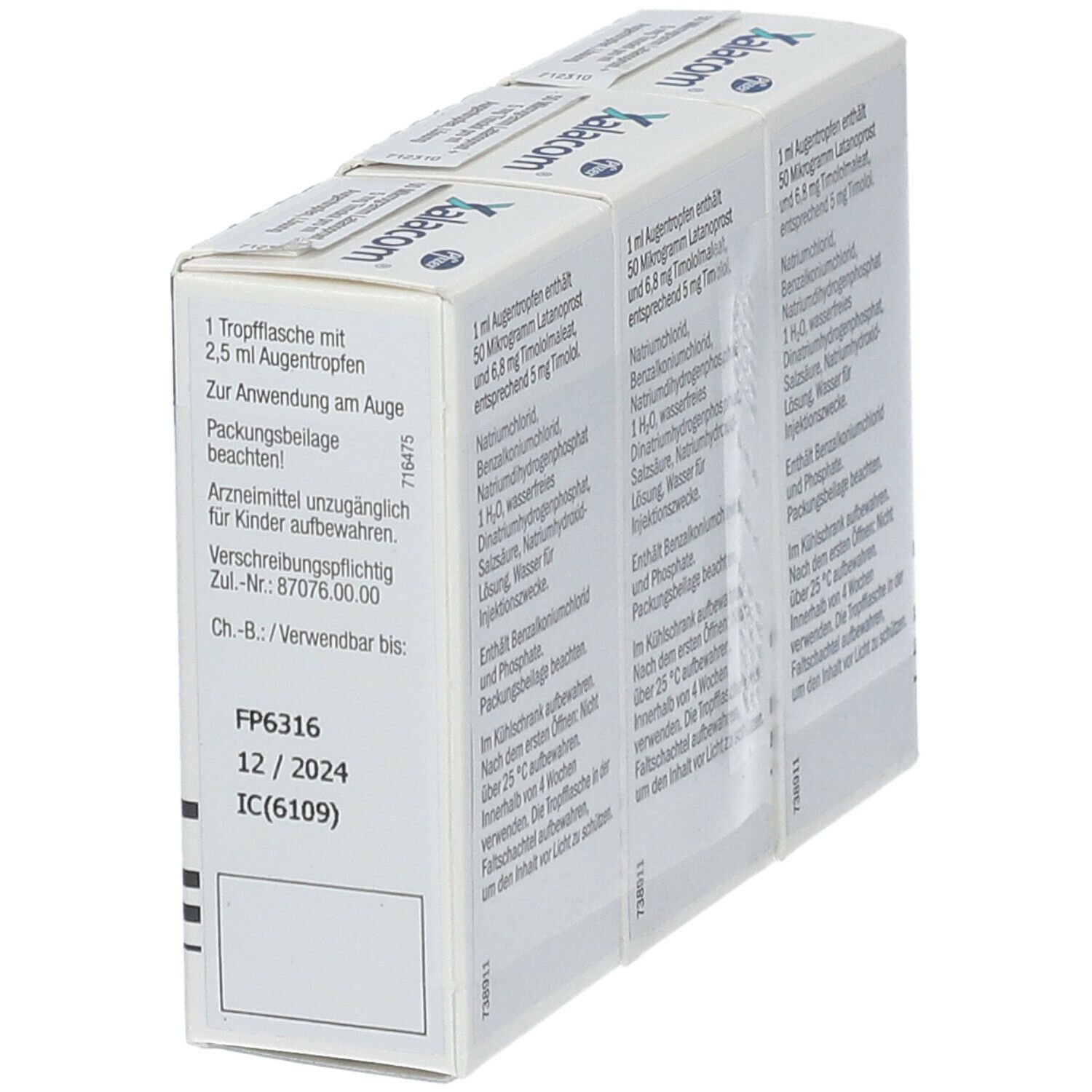 Xalacom-Verpackung mit Produktinformationen. Enthält 1 Tropfflasche mit 2,5 ml Augentropfen.