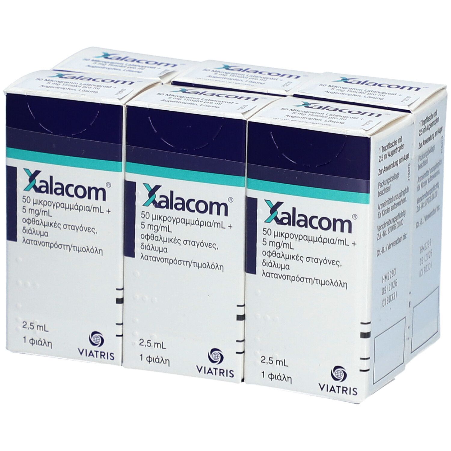 Sechs Schachteln Xalacom Augentropfen. Jede Schachtel enthält 2,5 ml. Aufdrucke: 50 Mikrogramm/ml + 5 mg/ml, Viatris.
