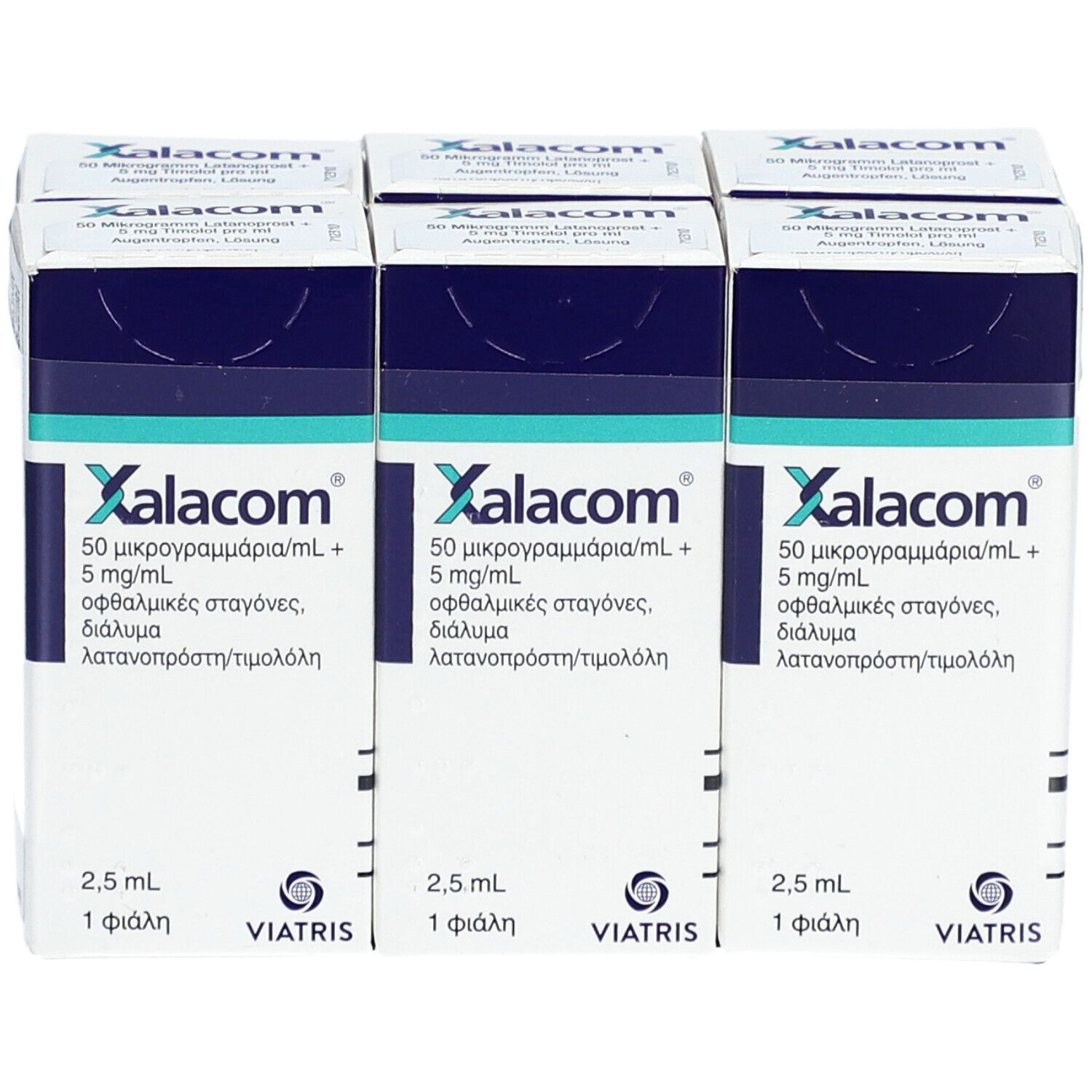 Drei Schachteln Xalacom Augentropfen. Jede Schachtel enthält 2,5 ml. Aufdrucke: 50 Mikrogramm/ml + 5 mg/ml, Viatris.