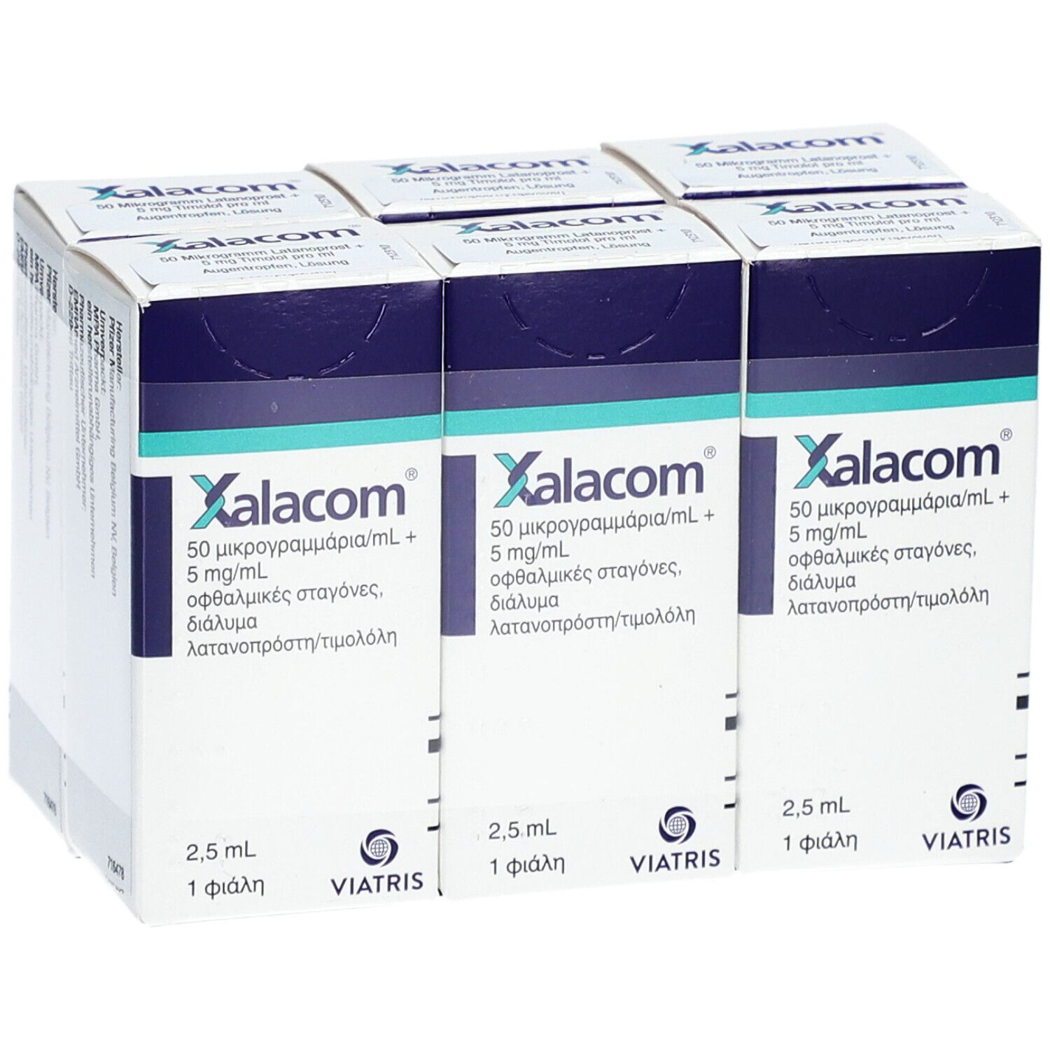 Sechs Schachteln Xalacom Augentropfen. Aufdrucke: 50 Mikrogramm/ml + 5 mg/ml, 2,5 ml, Viatris. Produktansicht.