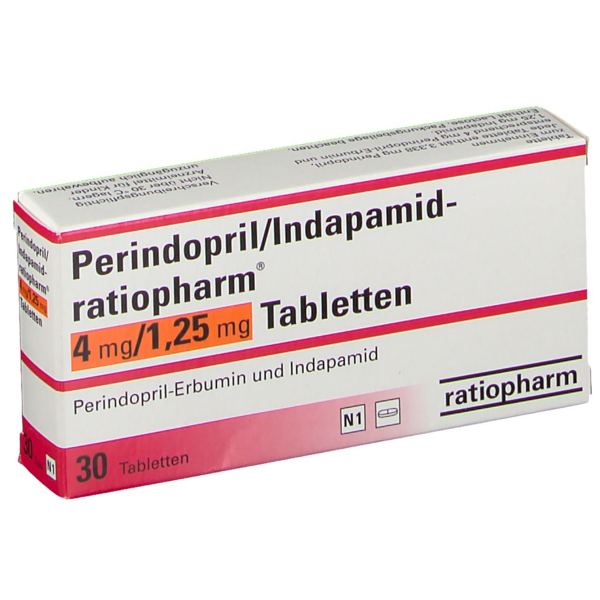 Schachtel mit Perindopril/Indapamid-ratiopharm Tabletten. Aufschrift: 4 mg/1,25 mg, 30 Tabletten. Marke ratiopharm.