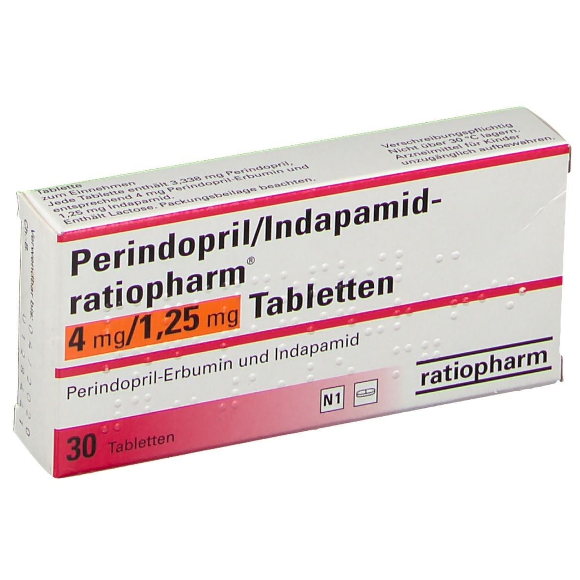 Schachtel mit Perindopril/Indapamid-ratiopharm Tabletten. Aufschrift: 4 mg/1,25 mg, 30 Tabletten. Marke ratiopharm.