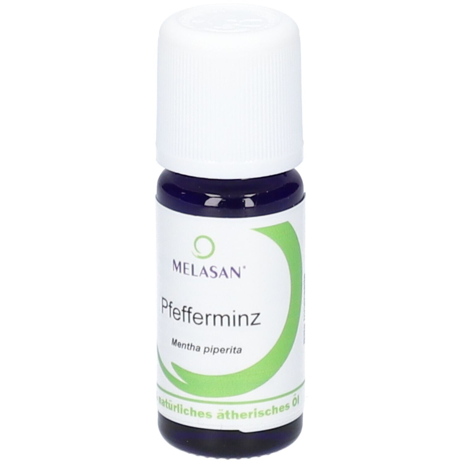 Fläschchen mit weißem Deckel. Aufschrift: Pfefferminz, Mentha piperita. Grünes Logo und Schriftzug Melasan.