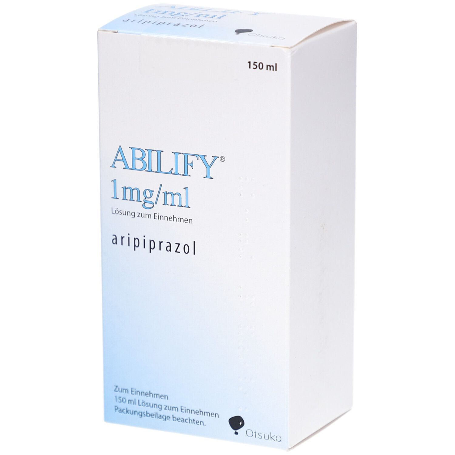Schachtel ABILIFY 1 mg/ml Lösung zum Einnehmen. Weiße Verpackung mit blauer Schrift. 150 ml.