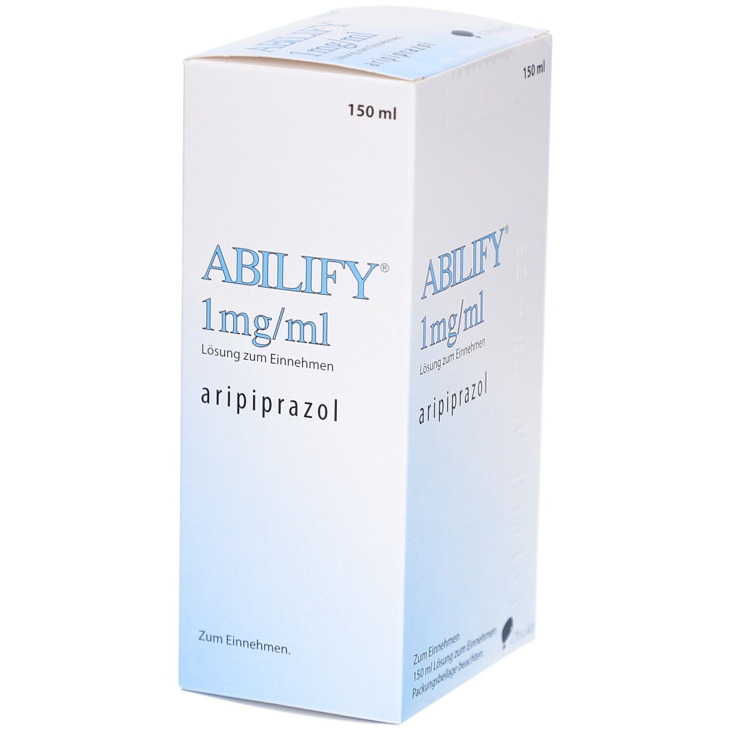 Schachtel ABILIFY 1 mg/ml Lösung zum Einnehmen. Weiße Verpackung mit blauer Schrift. 150 ml.