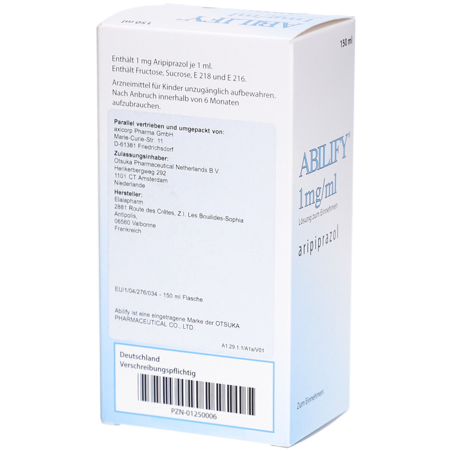 Rückseite der ABILIFY-Verpackung. Enthält Informationen zu Inhaltsstoffen, Hersteller und Vertrieb.