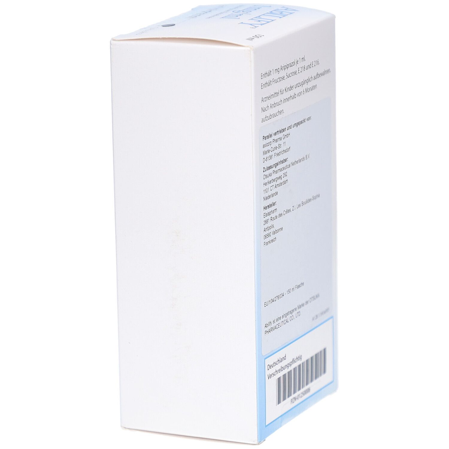 Seitenansicht der ABILIFY-Verpackung. Enthält Informationen und Barcode.