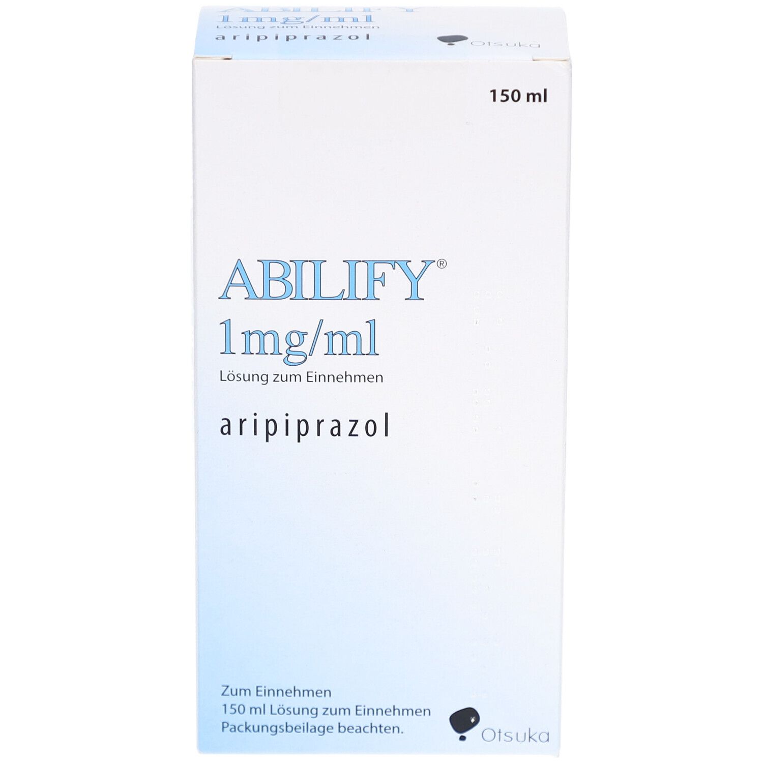 Schachtel ABILIFY 1 mg/ml Lösung zum Einnehmen. Weiße Verpackung mit blauer Schrift. 150 ml.