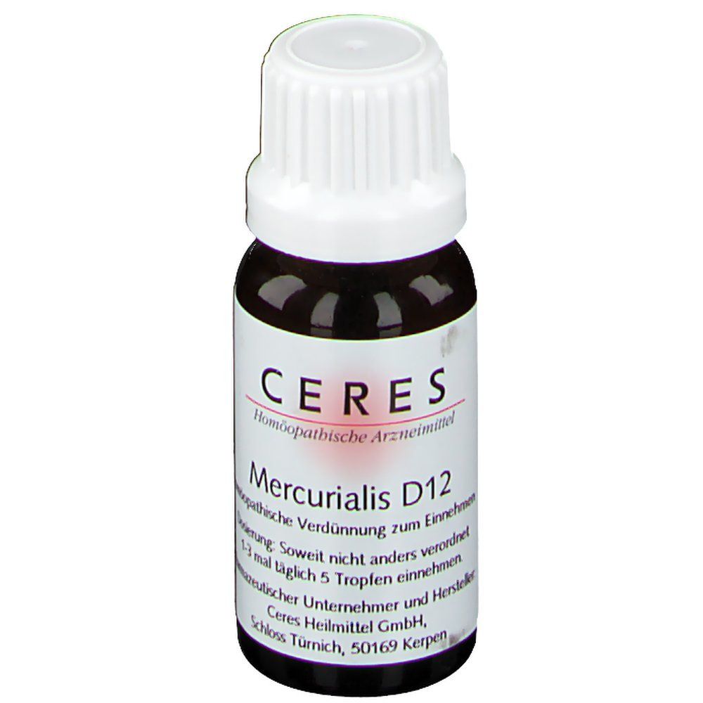 Braune Glasflasche mit weißem Deckel. Aufschrift CERES Mercurialis D12. Homöopathisches Arzneimittel.