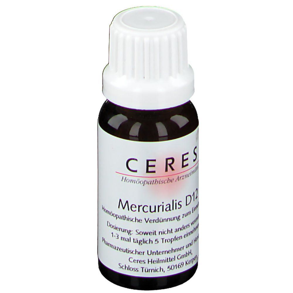 Braune Glasflasche mit weißem Deckel. Aufschrift CERES Mercurialis D12. Homöopathisches Arzneimittel.