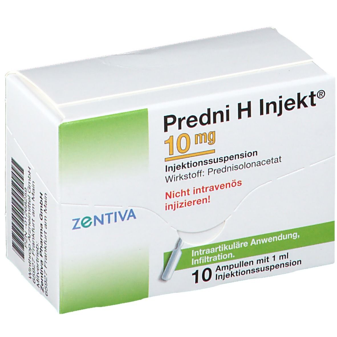 Weiße Faltschachtel mit grünen Akzenten. Aufdruck: Predni H Injekt® 10 mg, Injektionssuspension. Enthält 10 Ampullen.
