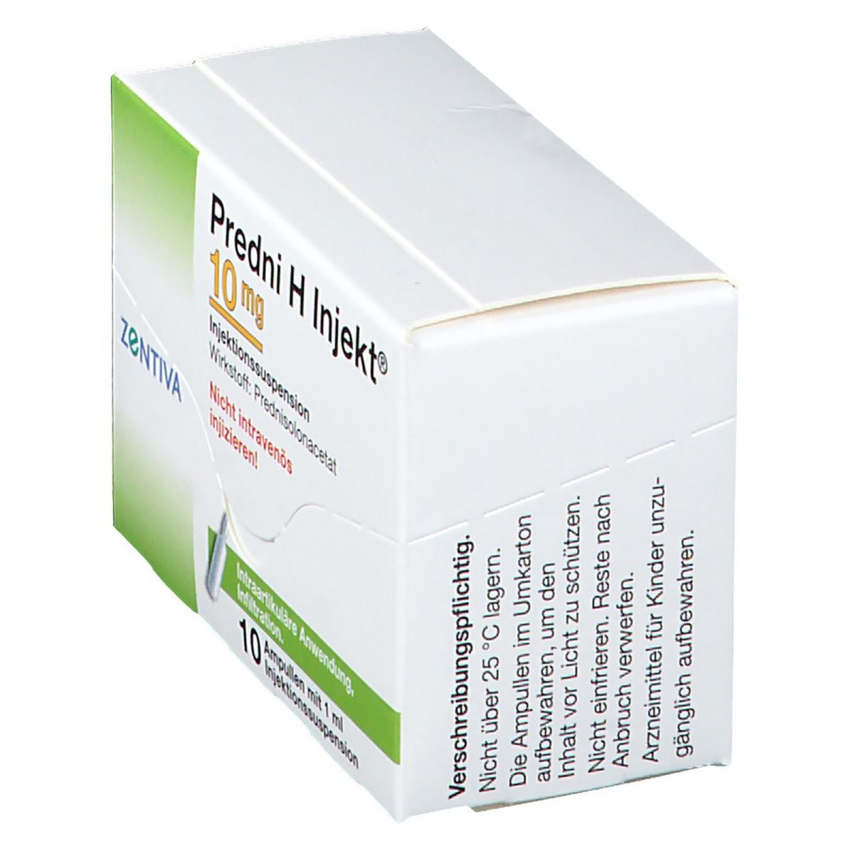 Weiße Faltschachtel mit grünen Akzenten. Aufdruck: Predni H Injekt® 10 mg. Text: Verschreibungspflichtig. Nicht über 25°C lagern.