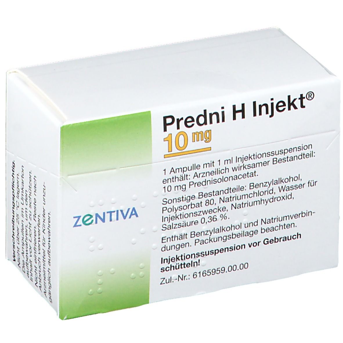 Weiße Faltschachtel mit grünen Akzenten. Aufdruck: Predni H Injekt® 10 mg. Text: 1 Ampulle mit 1 ml Injektionssuspension.
