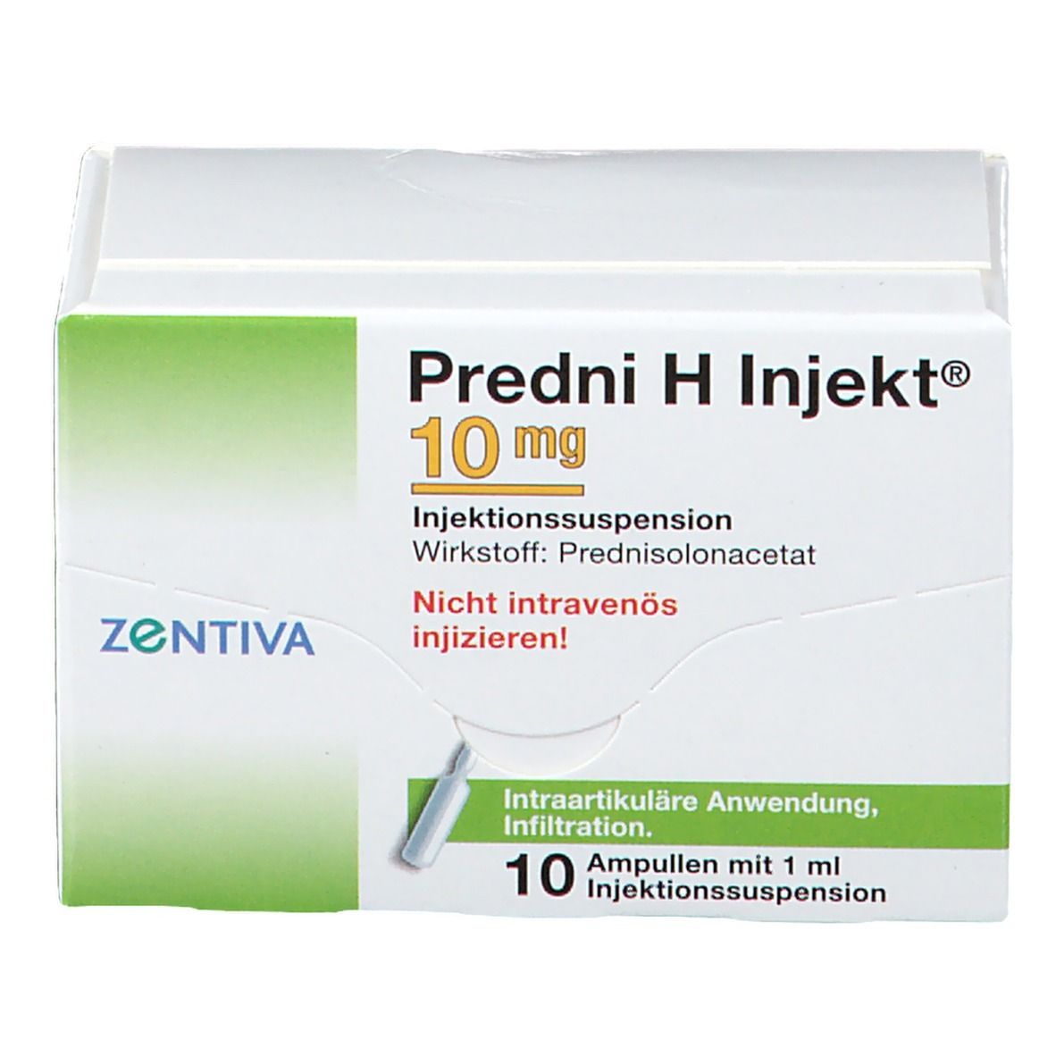 Weiße Faltschachtel mit grünen Akzenten. Aufdruck: Predni H Injekt® 10 mg, Injektionssuspension. 10 Ampullen mit 1 ml.
