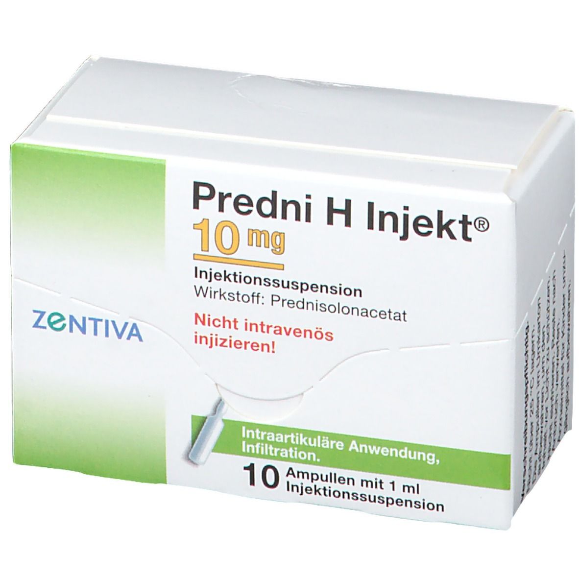 Weiße Faltschachtel mit grünen Akzenten. Aufdruck: Predni H Injekt® 10 mg, Injektionssuspension. 10 Ampullen mit 1 ml.