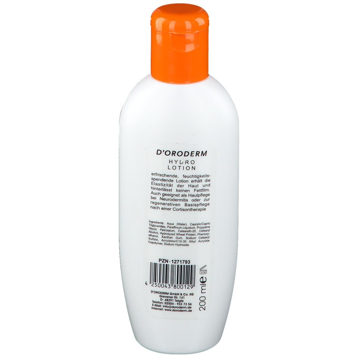 Rückseite der weißen Flasche mit orangefarbenem Deckel. Text und Barcode.