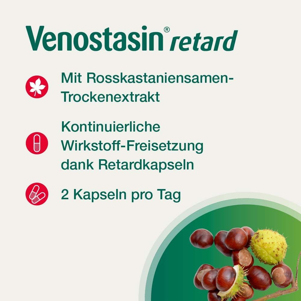 Venostasin retard-Logo. Text: Rosskastaniensamen-Trockenextrakt, Retardkapseln, 2 Kapseln pro Tag. Kastanien.
