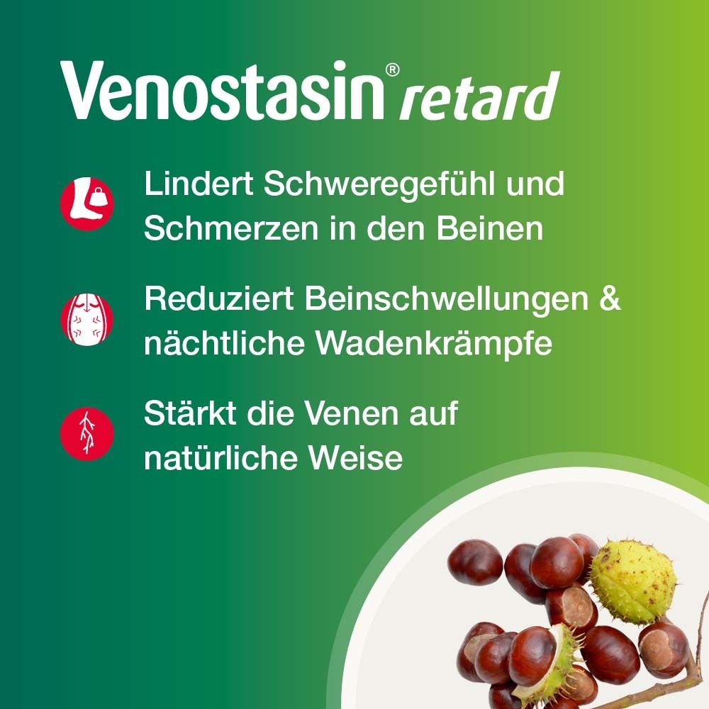 Venostasin retard-Logo. Text: Lindert Schweregefühl, reduziert Schwellungen, stärkt Venen. Kastanien.