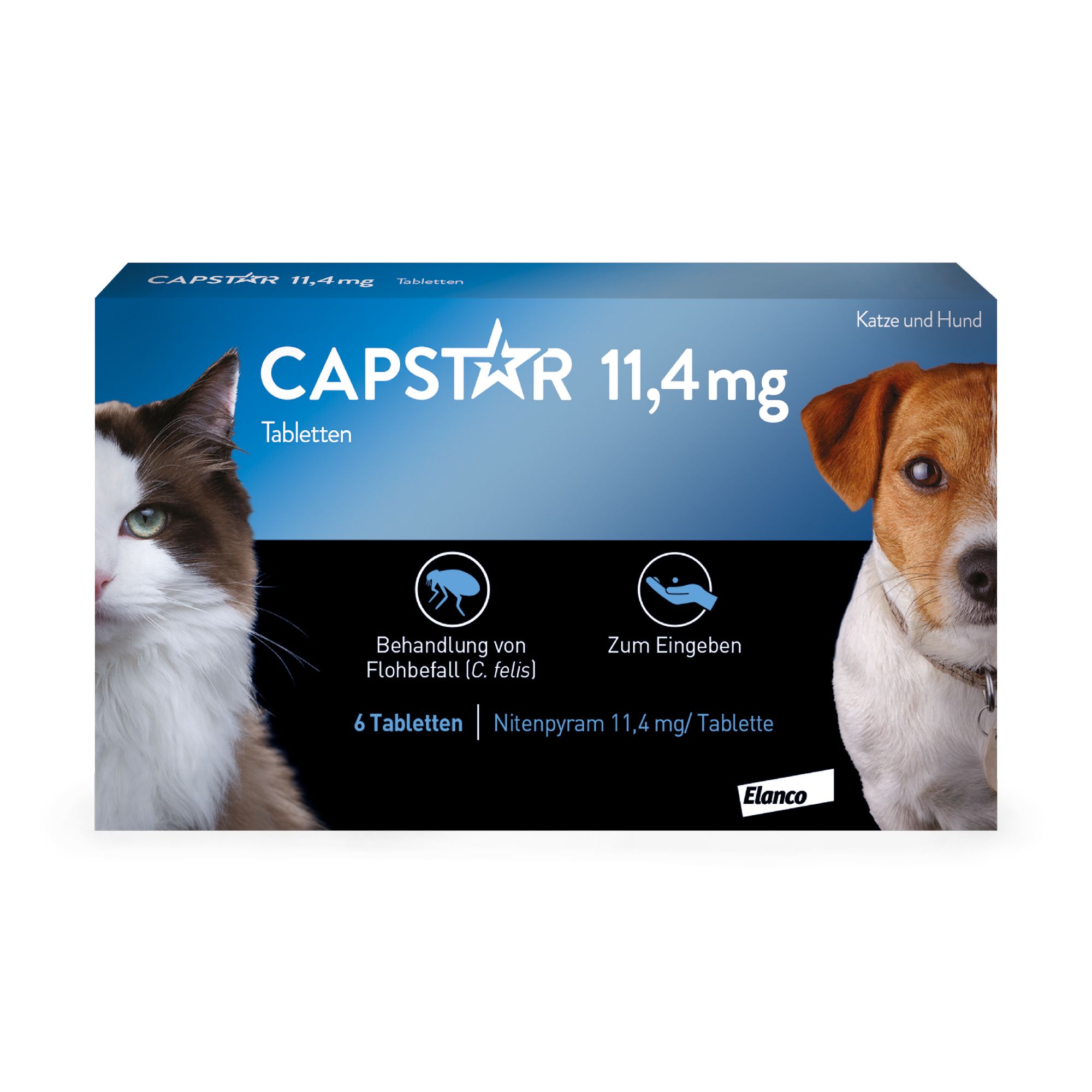 Blisterpackung mit Capstar Tabletten. Aufdruck: Capstar 11,4 mg, Tabletten, 6 Tabletten. Abgebildet sind Katze und Hund.