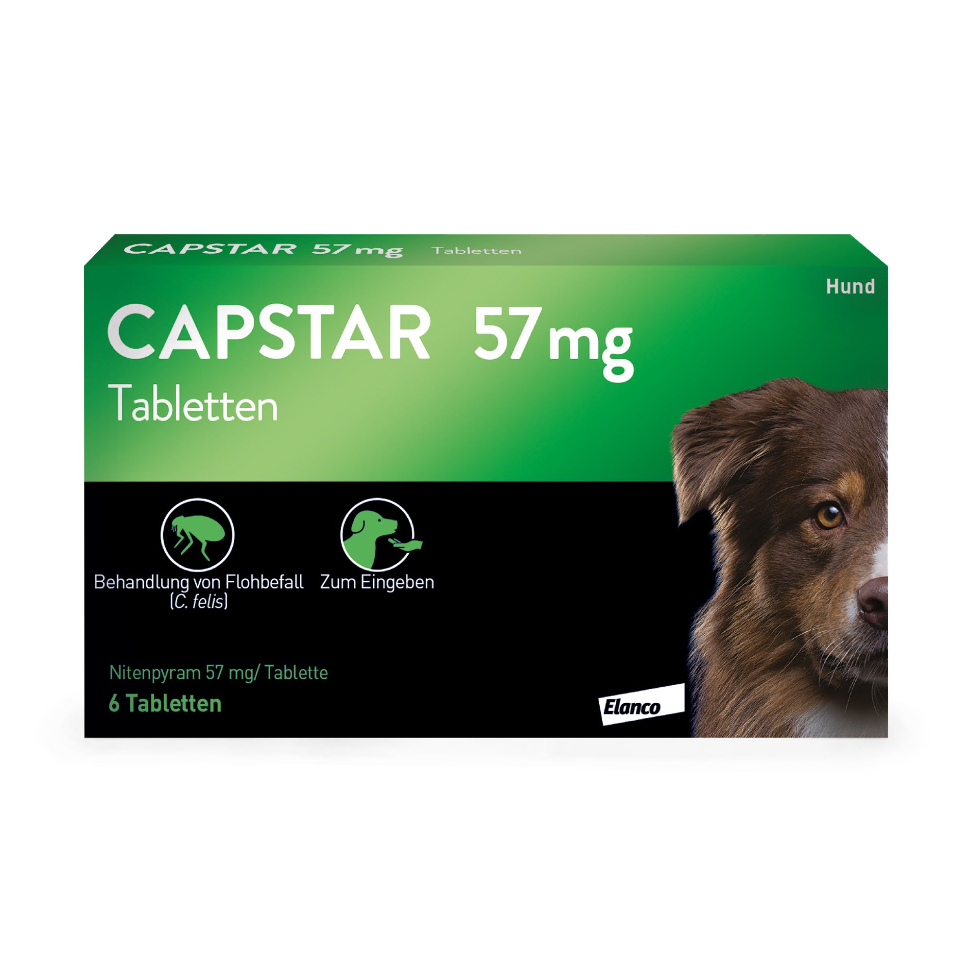 Grüne Packung mit CAPSTAR 57 mg Tabletten. Enthält 6 Tabletten. Abbildung eines Hundes. Elanco Logo.